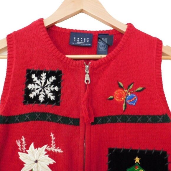Womens Christmas Sweater Vest  Embroidered Beaded Zip Velvet Size Small - Picture 2 of 4